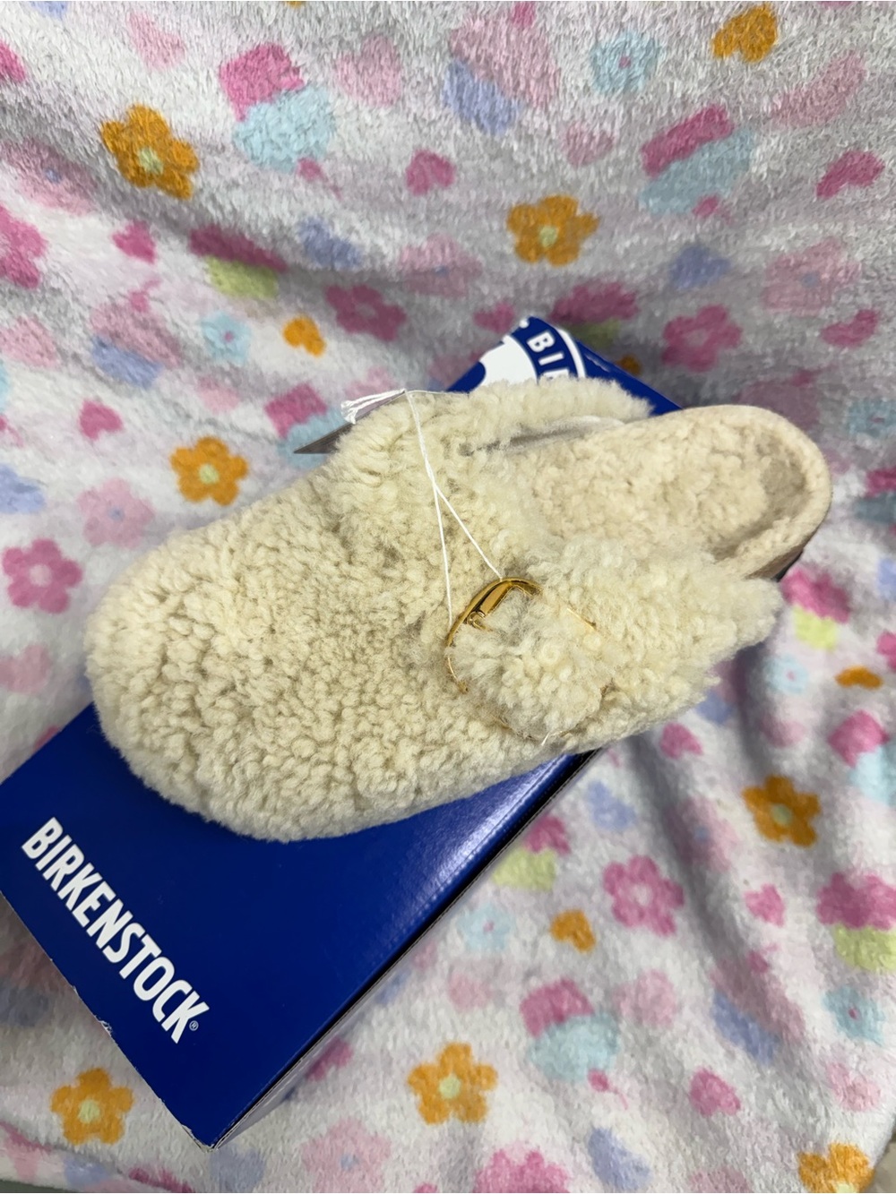 Birkenstock Cream Shearling Slip-On Clog with Gold Buckle